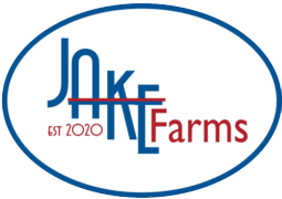 Logo of Jake Farms, established in 2020, featuring a modern design with the name prominently displayed in blue and red colors against an oval background.